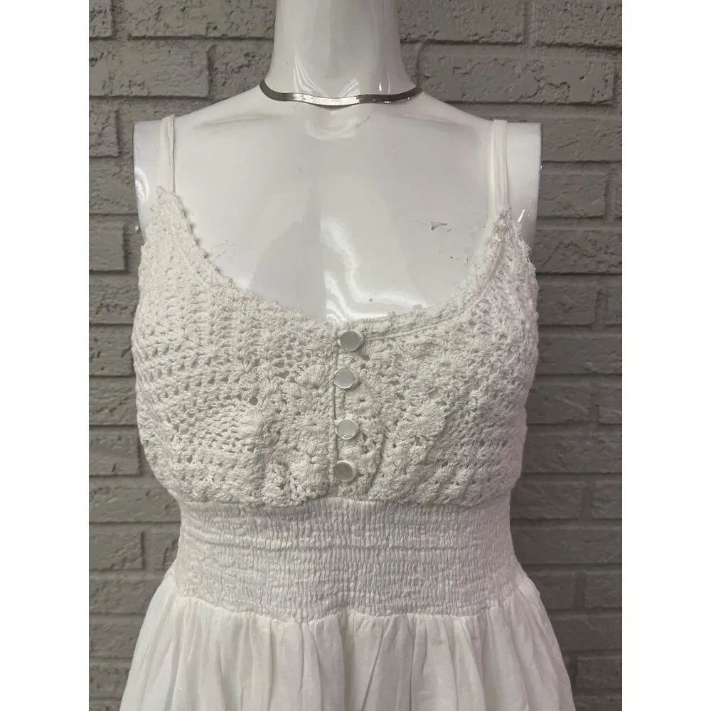 Indian Emporium Women White Cotton Crochet Smock Waist Eyelet Ruffle Dress Size